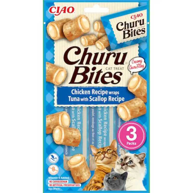 INABA Ciao Churu Bites bucati de Pui umplute cu crema de Ton si Scoici 3x10g|Deltavet Shop